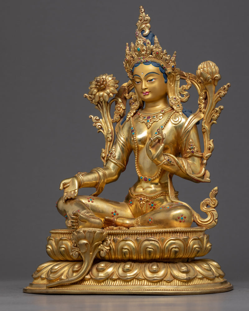 Green Tara Gold Plated Sculpture | Handmade Buddhist Artwork