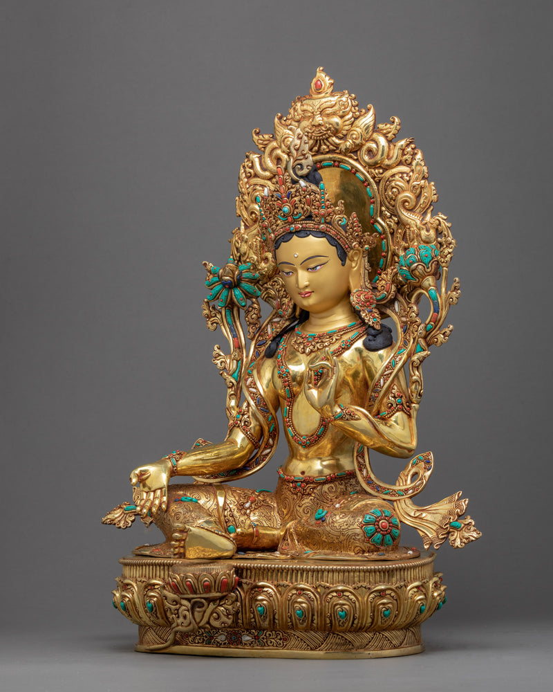 Green Tara Buddha Sculpture | Gold Gilded Sculpture from Nepal