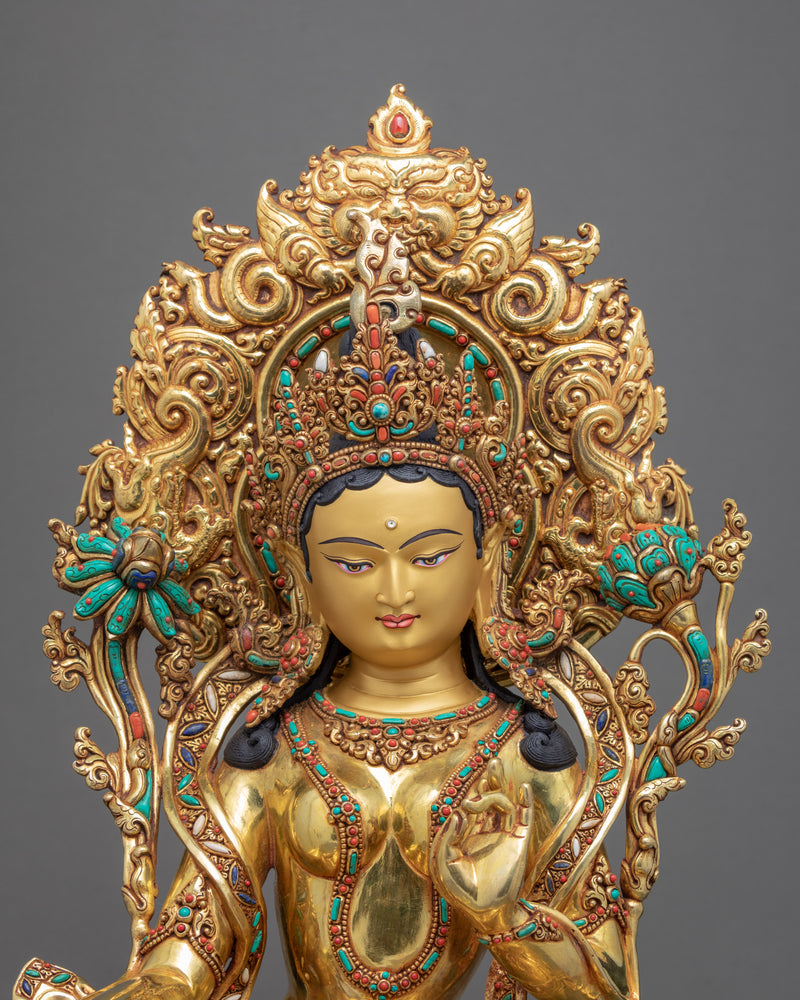 Green Tara Buddha Sculpture | Gold Gilded Sculpture from Nepal