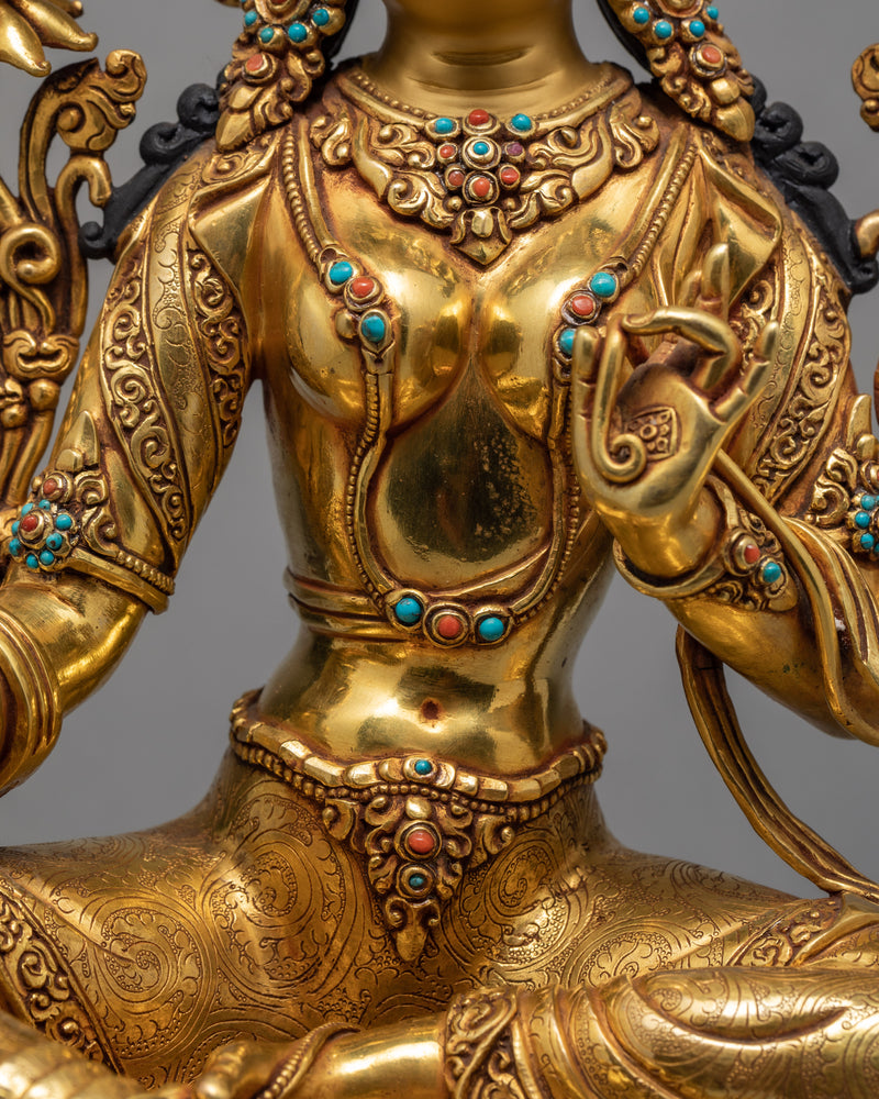 Green Tara Statue | Exquisite Gold Gilded Traditional Tara Statue