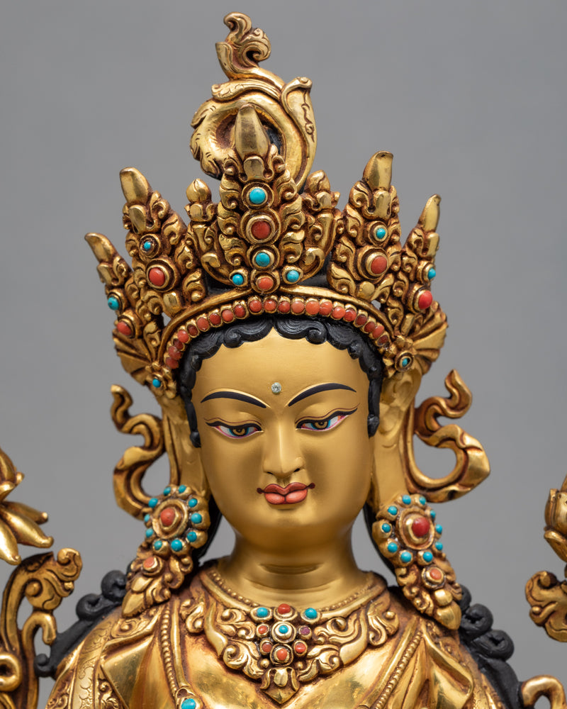 Green Tara Statue | Exquisite Gold Gilded Traditional Tara Statue