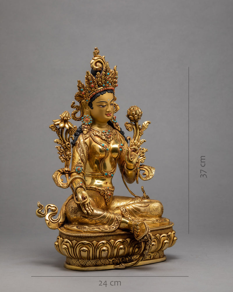 Green Tara Statue | Exquisite Gold Gilded Traditional Tara Statue