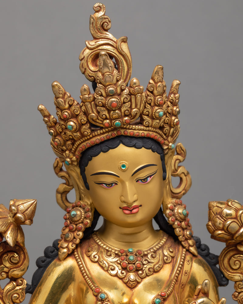 Seated Green Tara Statue | Fine Hand Carved Buddhist Sculpture