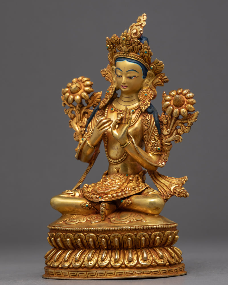 Green Tara Gold Sculpture | Tibetan Handmade Compassionate Deity of Buddhism