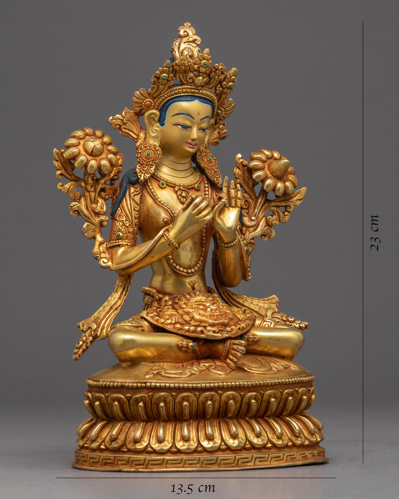 Green Tara Gold Sculpture | Tibetan Handmade Compassionate Deity of Buddhism