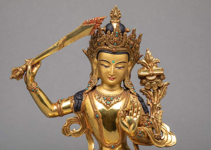 Manjushree Statue | Gold Gilded Boddhisattva Sculpture