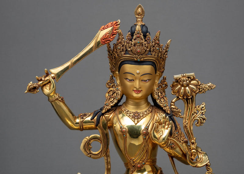 Manjushree Statue | 24K Gold Glided | Himalayan Buddhist Art