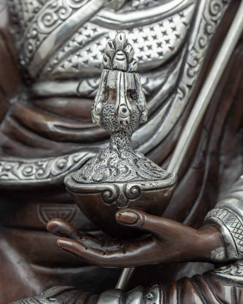 Buddha Guru Rinpoche Statue | Traditional Tibetan Art Plated with Silver