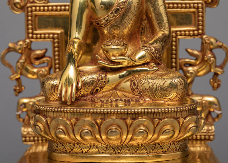 Shakyamuni Buddha With Throne | Tibetan Buddha Sculpture | Gold Plated Art