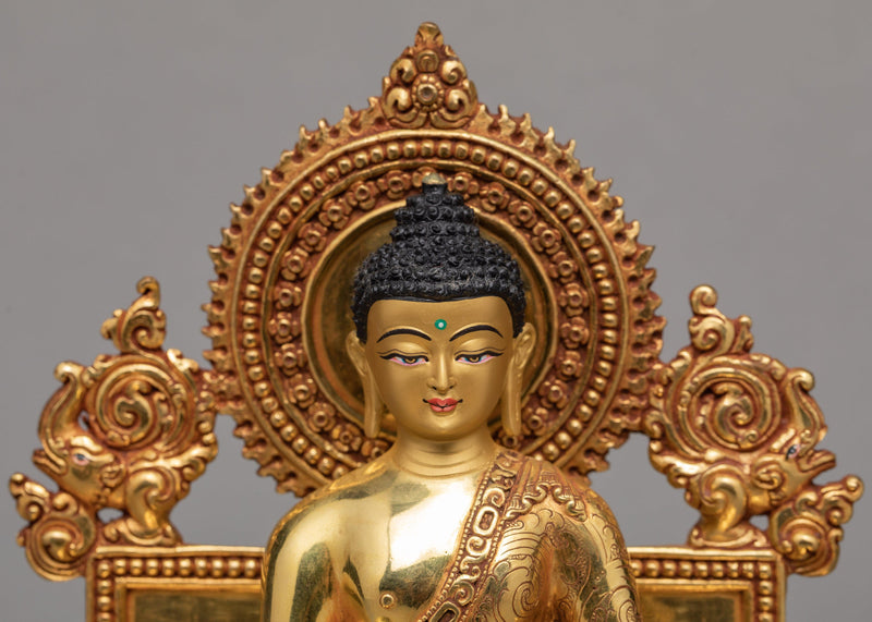 Shakyamuni Buddha With Throne | Tibetan Buddha Sculpture | Gold Plated Art