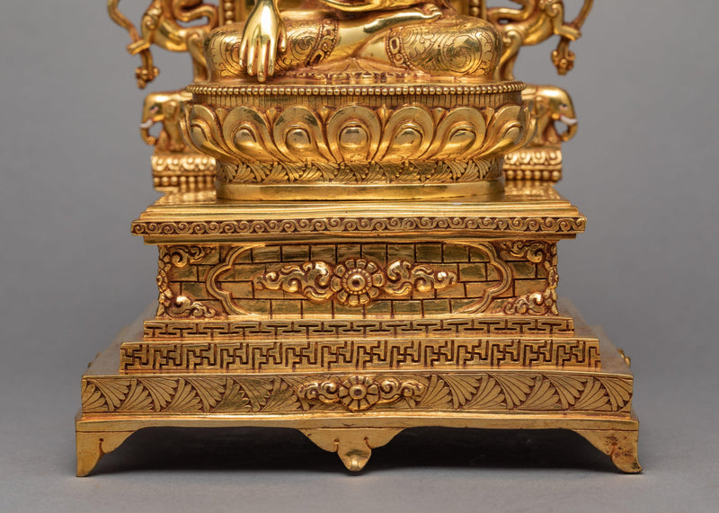 Shakyamuni Buddha With Throne | Tibetan Buddha Sculpture | Gold Plated Art