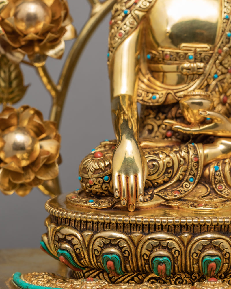 Buddha Shakyamuni Statue With Floral Throne | Gold Plated Statue