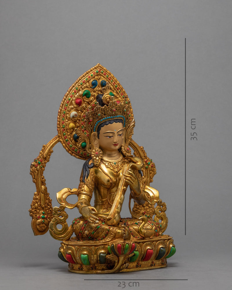 Saraswati Statue | 24k Gold Handcarved | Buddhist Art