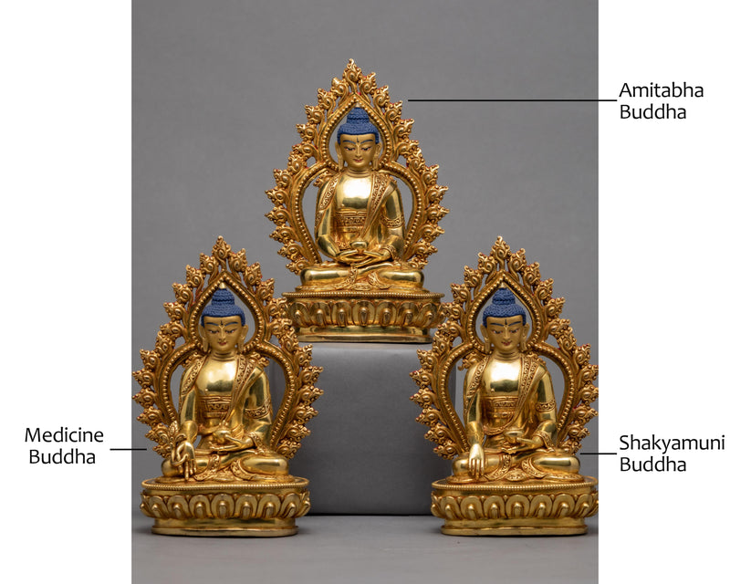 Three Buddha Statue | Tibetan Art Plated with Gold