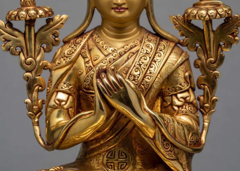 Tsongkhapa Traditional Handcrafted Statue, Tibetan Master's Beautiful Gold Statue