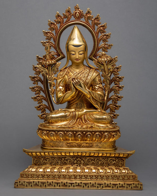 Tsongkhapa Traditional Handcrafted Statue, Tibetan Master's Beautiful Gold Statue