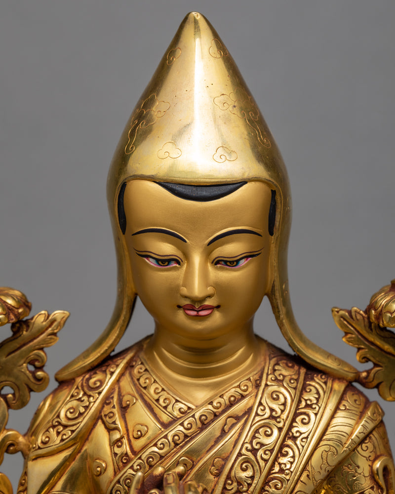 Tsongkhapa Traditional Handcrafted Statue, Tibetan Master's Beautiful Gold Statue