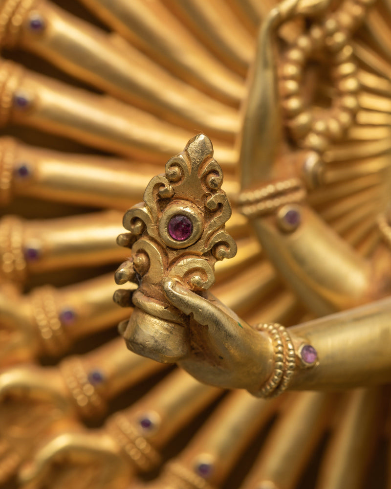 Avalokiteshvara 1000 Arms | Chenrezig Buddha | 24K Gold Hand Carved Statue