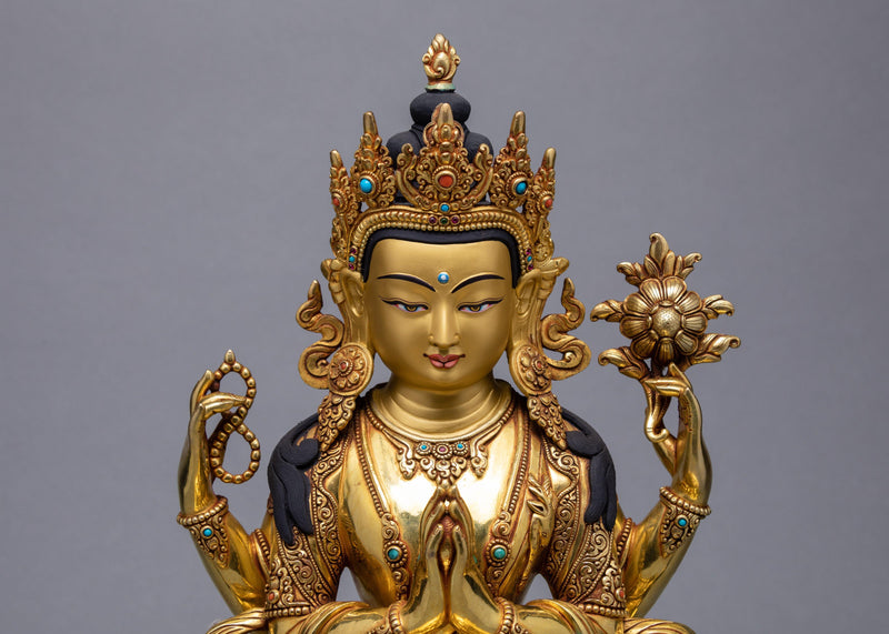 Four Armed Chenrezig | Traditionally Hand Carved Bodhisattva Statue