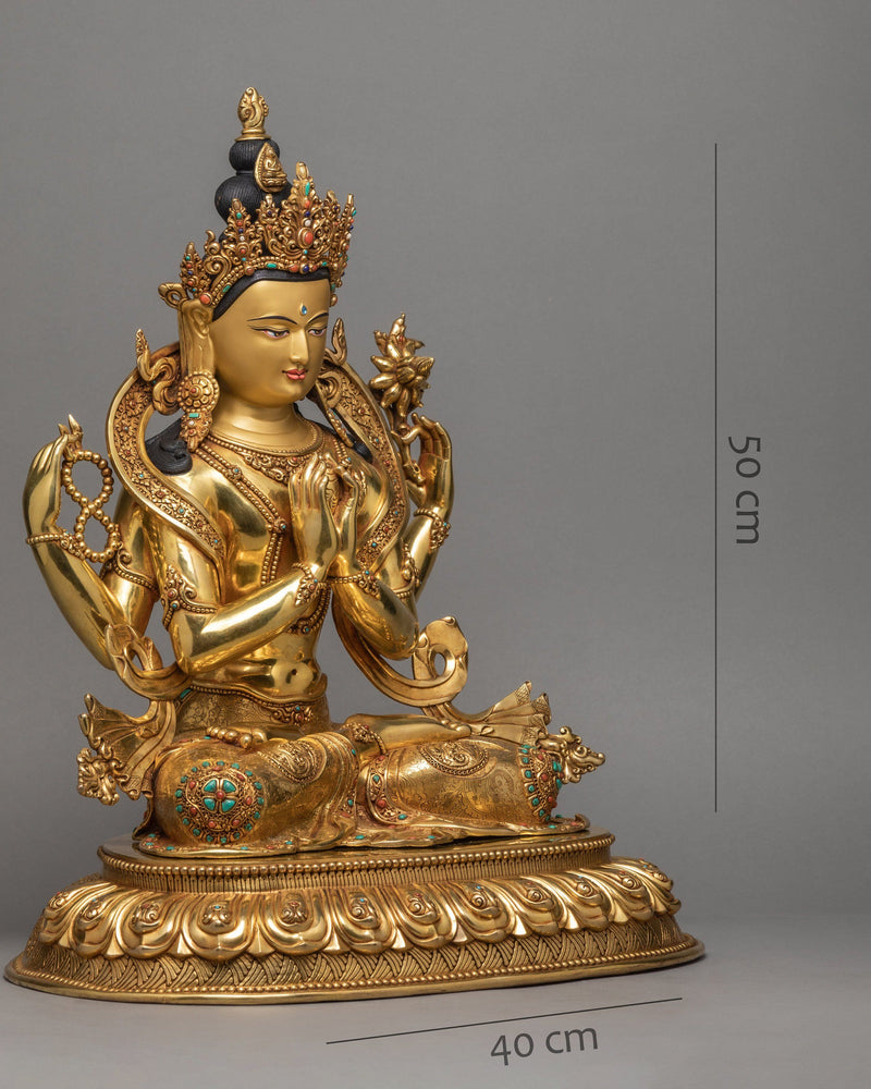 Chenrezig Statue, Beautifully Hand Carved Avalokiteshvara Statue, Traditional Gold Gilded