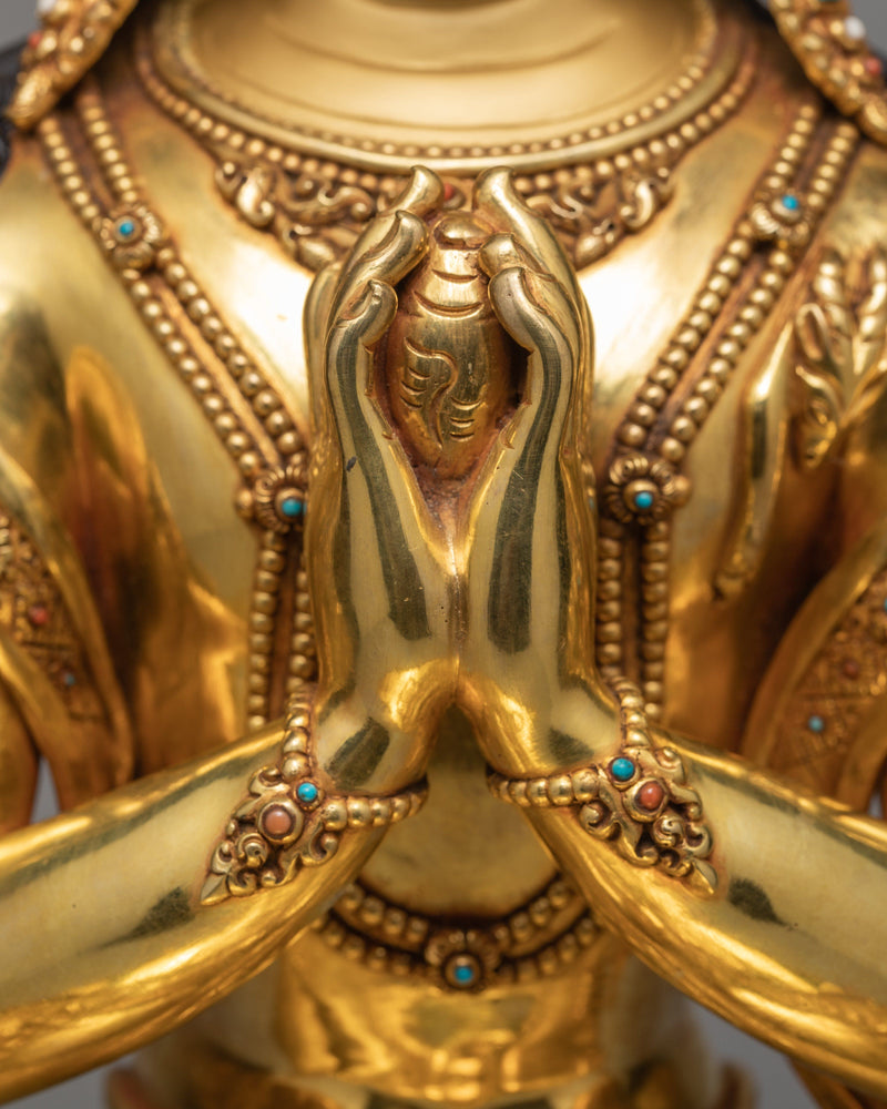 Chenrezig Statue, Beautifully Hand Carved Avalokiteshvara Statue, Traditional Gold Gilded