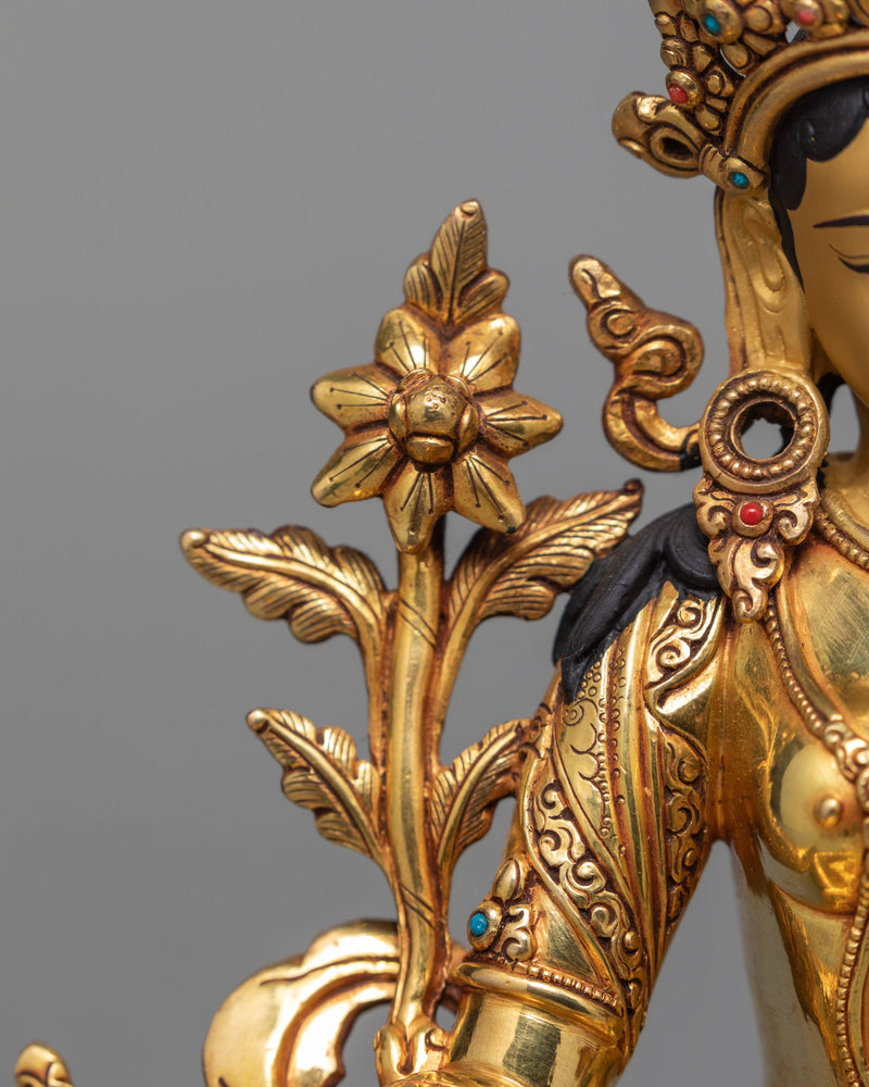 Green Tara Statue, Hand-made Tara and  24K Gold Gilded Statue