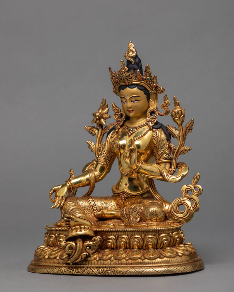 Green Tara Statue, Hand-made Tara and  24K Gold Gilded Statue