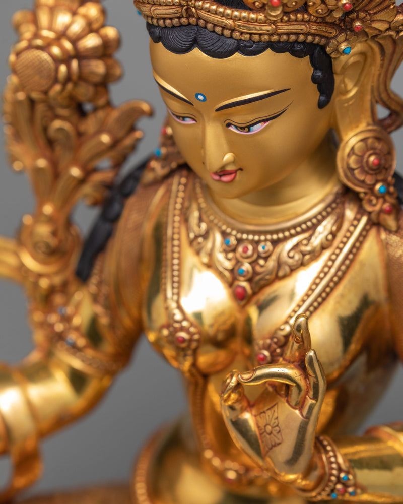 Green Tara Statue, Hand-made with 24K Gold Gilded Tara Statue