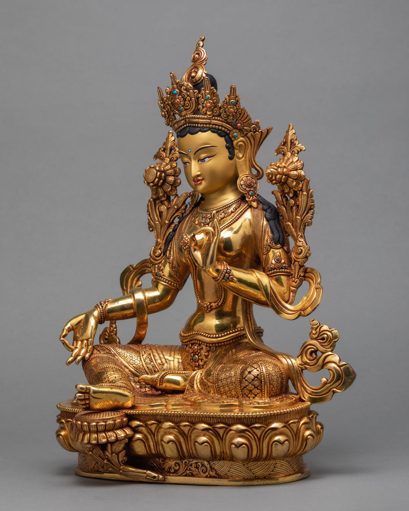 Green Tara Statue, Hand-made with 24K Gold Gilded Tara Statue