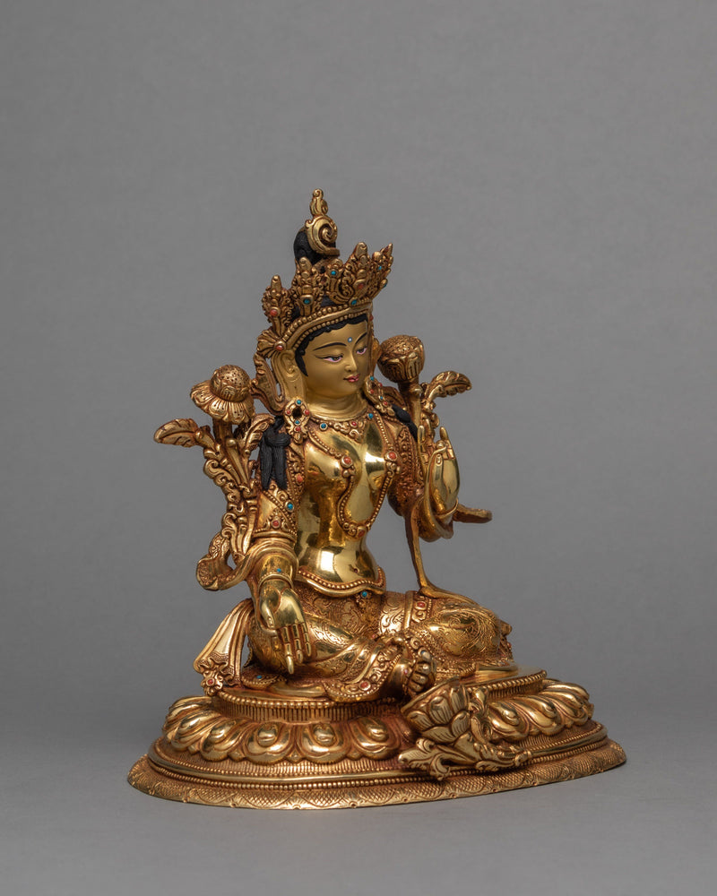 Green Tara Statue | Tara 24K Gold Gilded Statue | Traditionally Hand Carved Tara