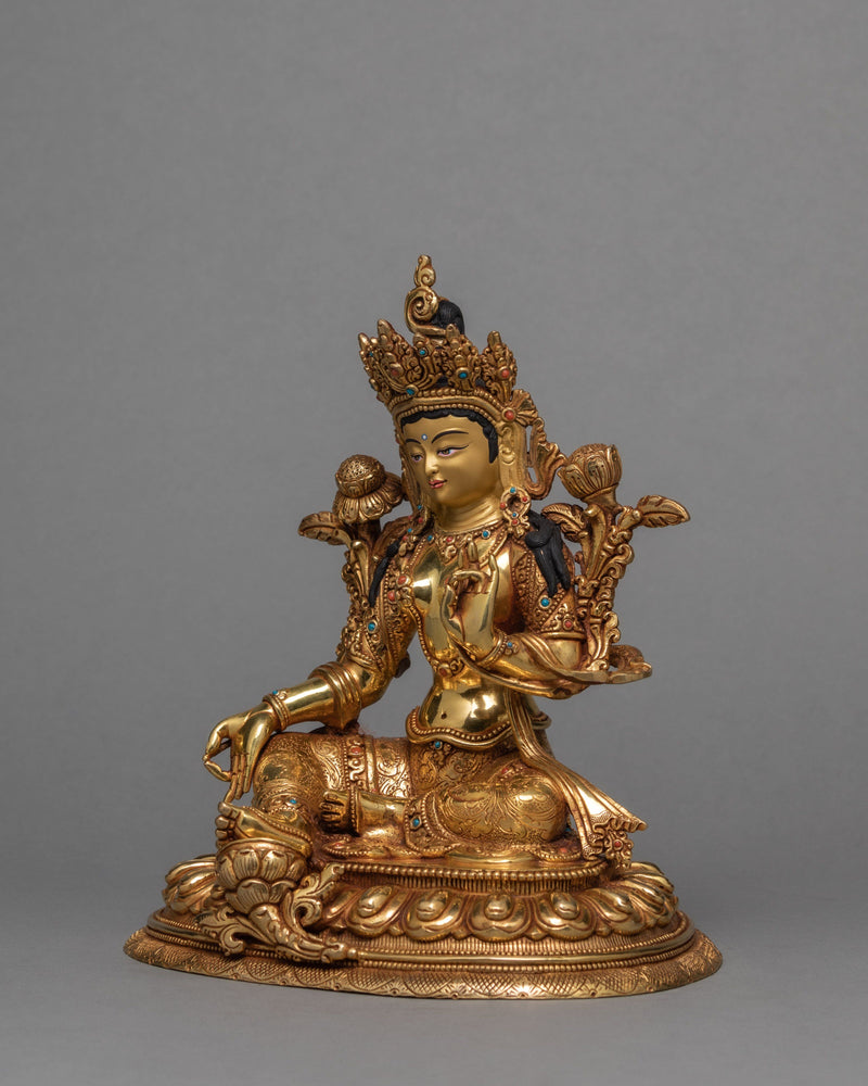 Green Tara Statue | Tara 24K Gold Gilded Statue | Traditionally Hand Carved Tara