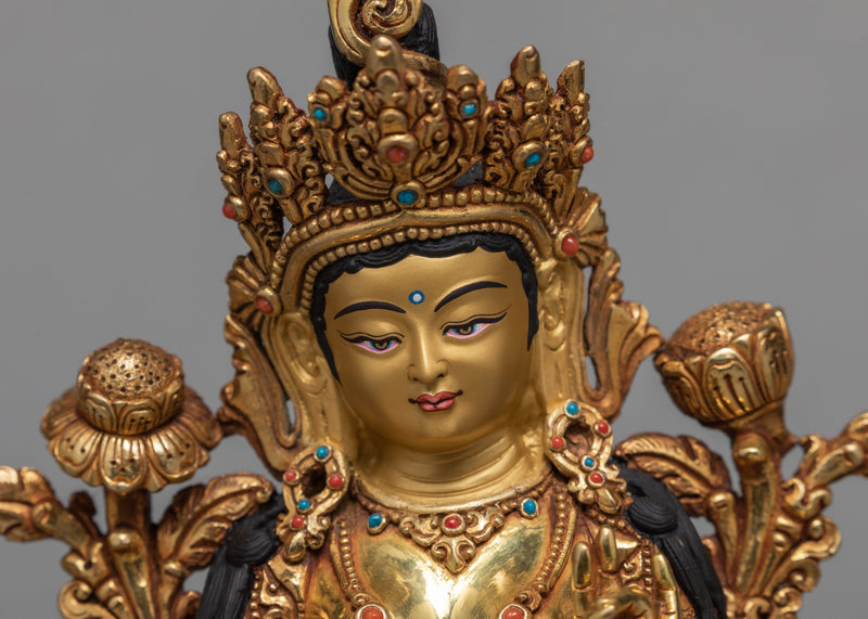 Green Tara Statue | Tara 24K Gold Gilded Statue | Traditionally Hand Carved Tara