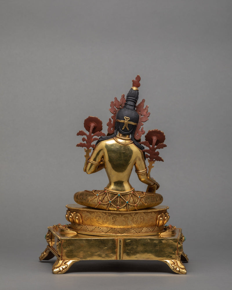 Green Tara Statue, Tara in Throne Statue, Hand-made and  24K Gold Gilded Art