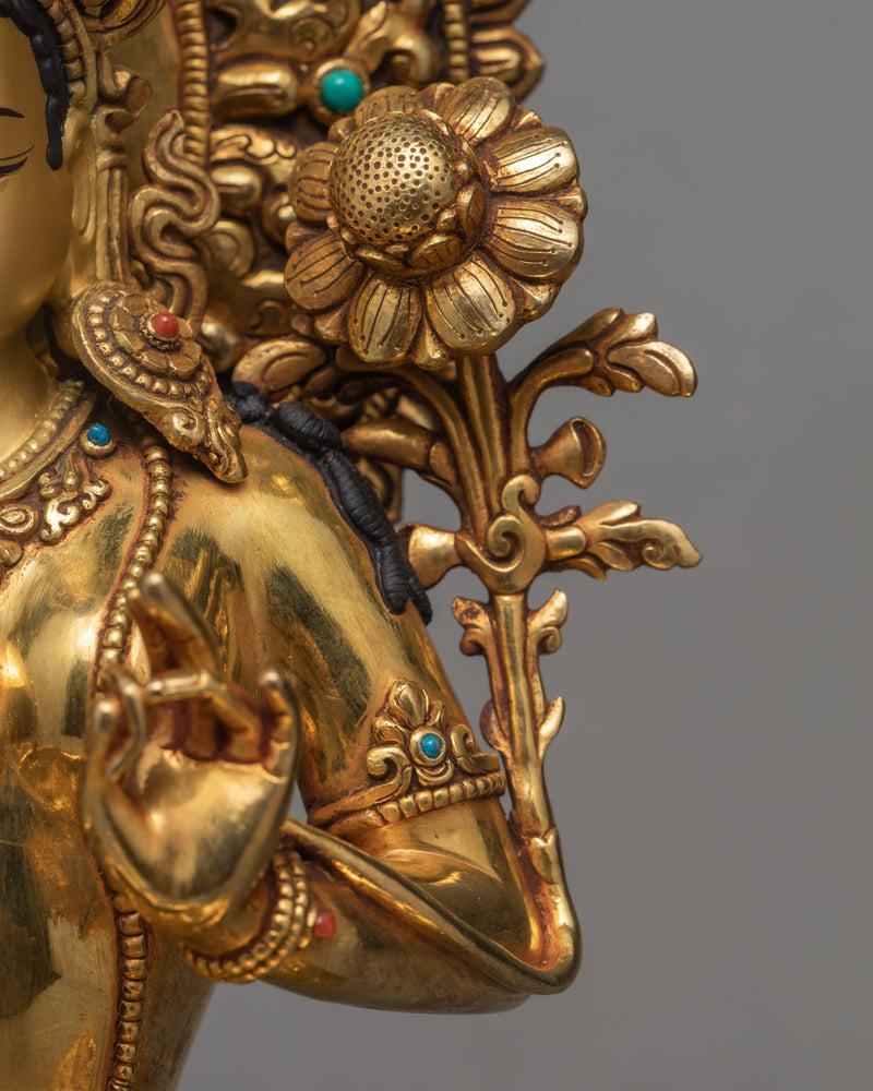 Green Tara Statue, Tara in Throne Statue, Hand-made and  24K Gold Gilded Art