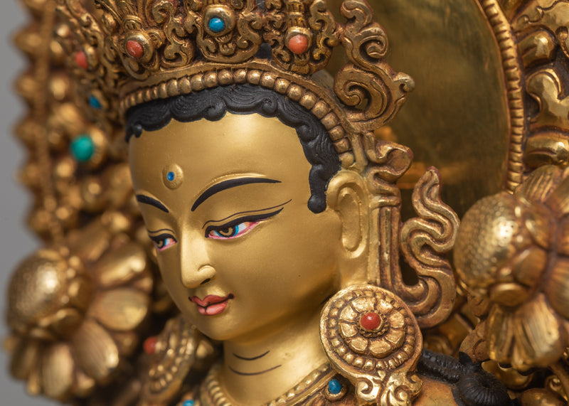 Green Tara Statue, Tara in Throne Statue, Hand-made and  24K Gold Gilded Art