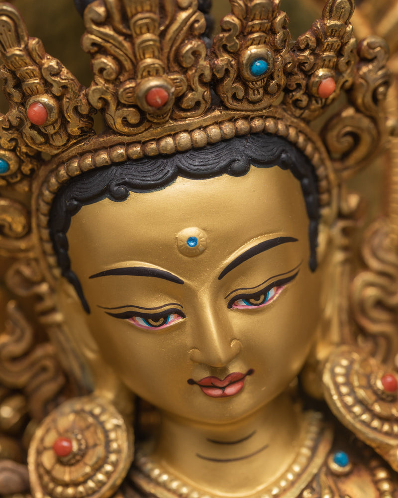 Green Tara Statue, Tara in Throne Statue, Hand-made and  24K Gold Gilded Art