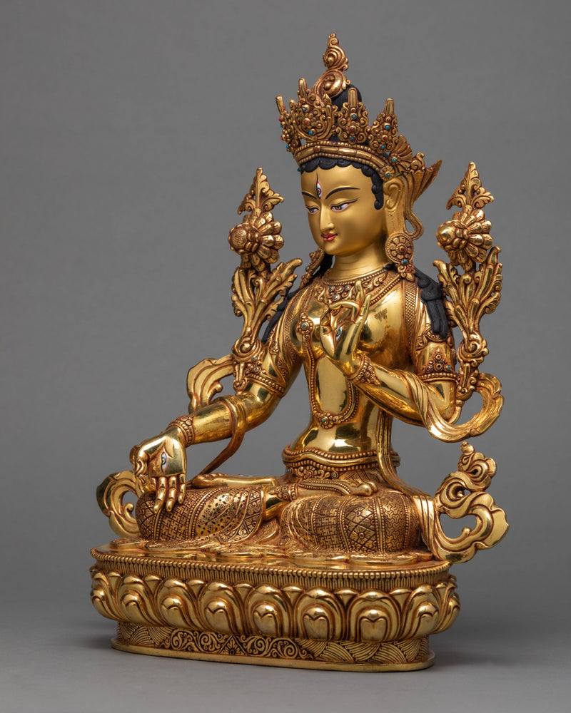 Mother White Tara, 24K Gold Plated Statue, Traditionally Hand Carved Tara