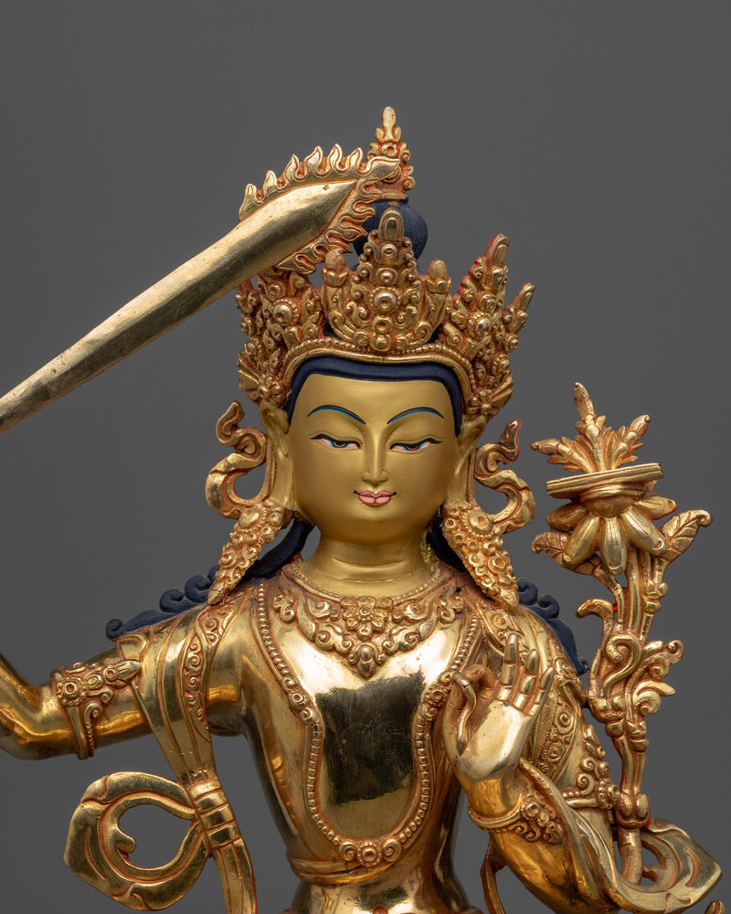 Manjushri Bodhisattva of Wisdom Statue | Gold Gilded Statue of Sword Wielding Bodhisattva