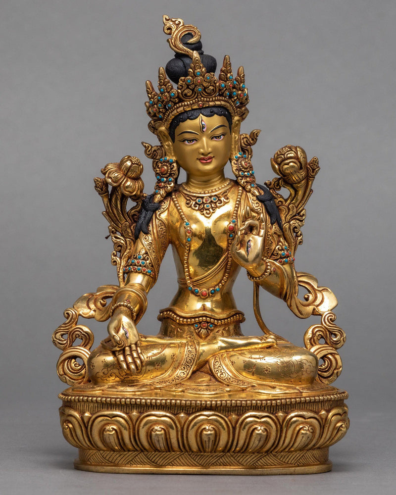 White Tara Statue | 24K Gold Plated Statue | Traditionally Hand Carved Tara