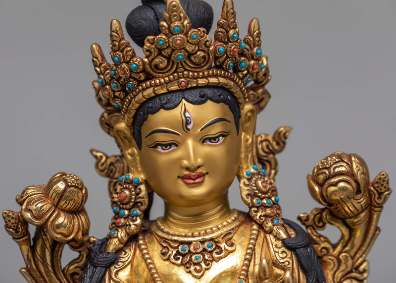 White Tara Statue | 24K Gold Plated Statue | Traditionally Hand Carved Tara