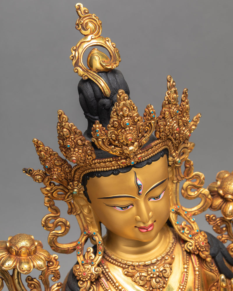 White Tara, Traditionally Hand Carved Tara, 24K Gold Plated Statue